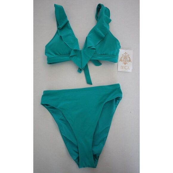 Becca x Rebecca Virtue Sz S Green Socialite Ruffle Top/French Cut Bikini Bottom - Picture 1 of 9